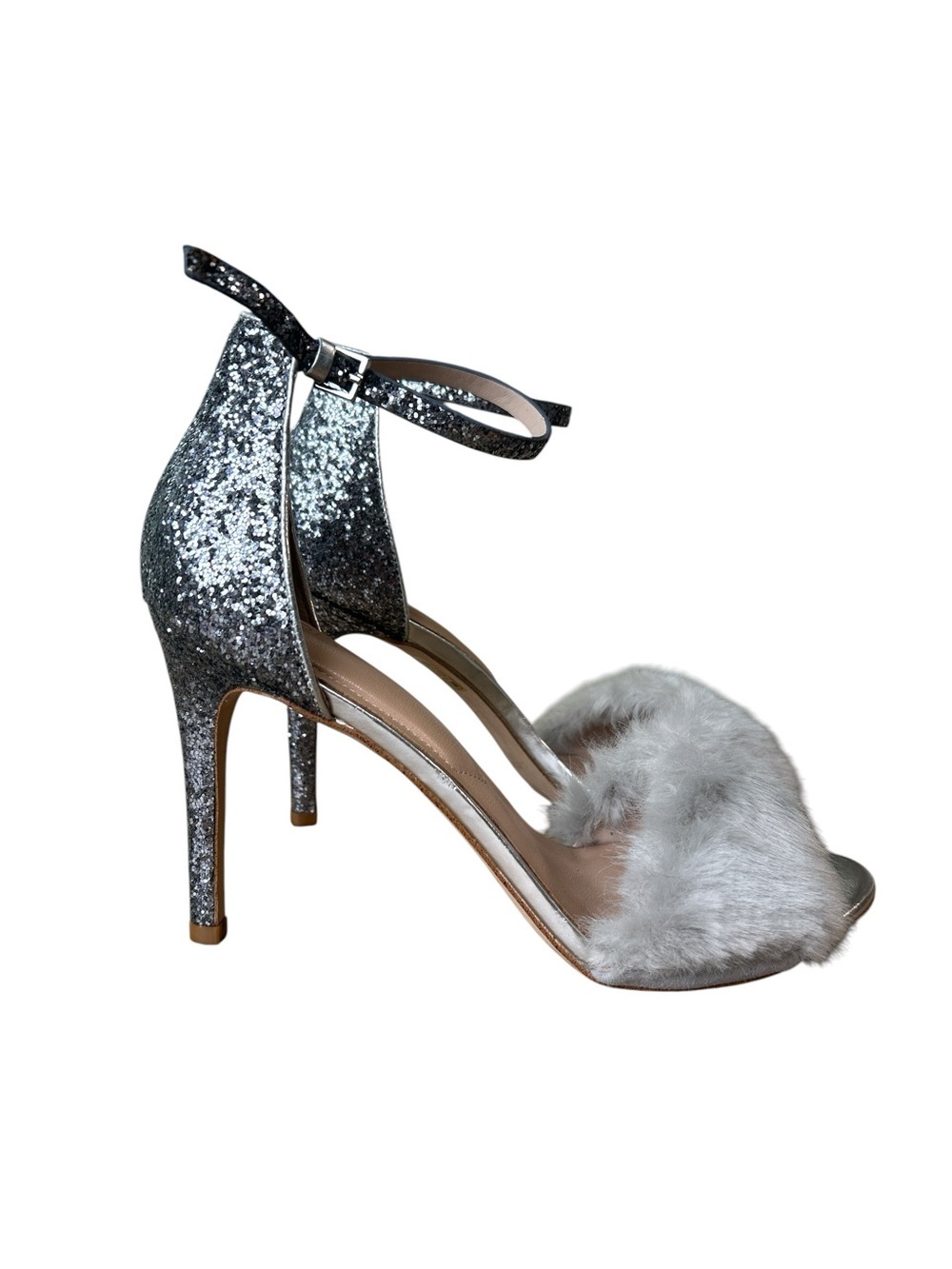 Aldo Silver Glitter Ankle-Strap Heels with Gray Faux Fur